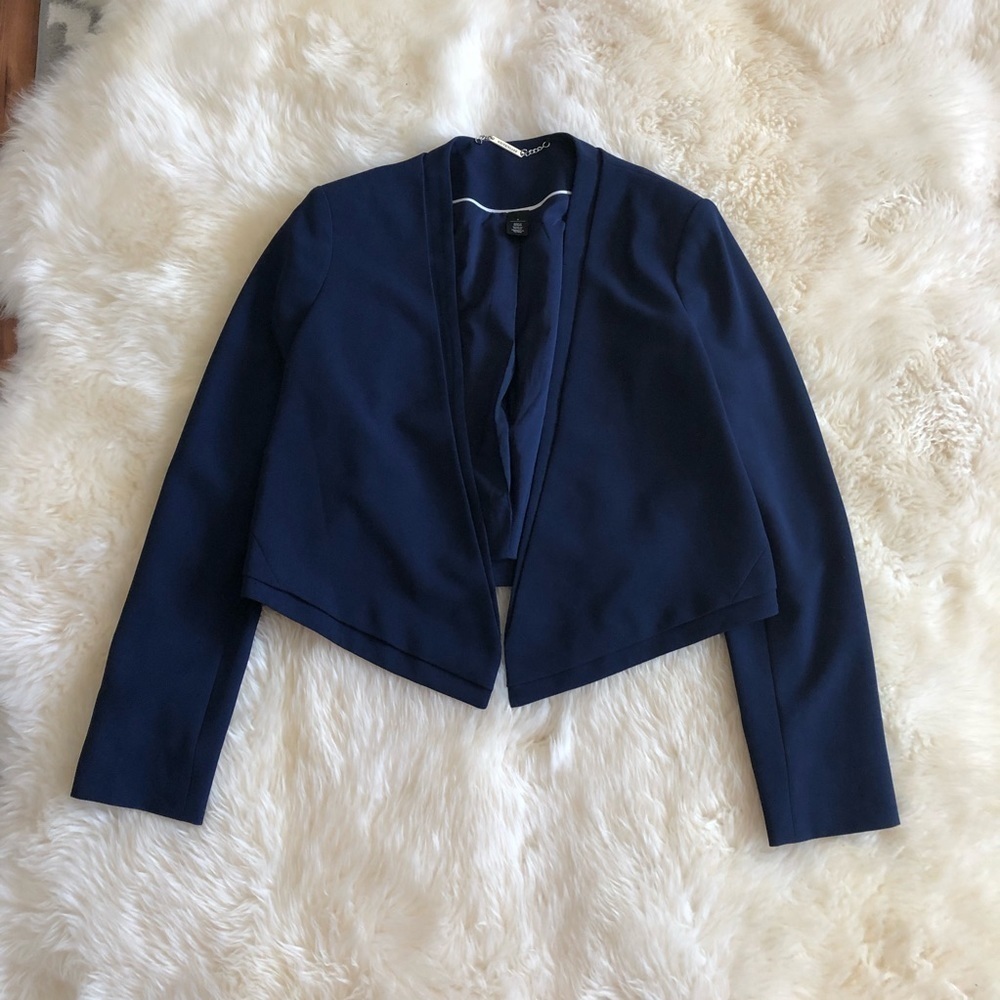 Whbm Cropped Soft Draped Jacket Navy Open Front 6 - image 4